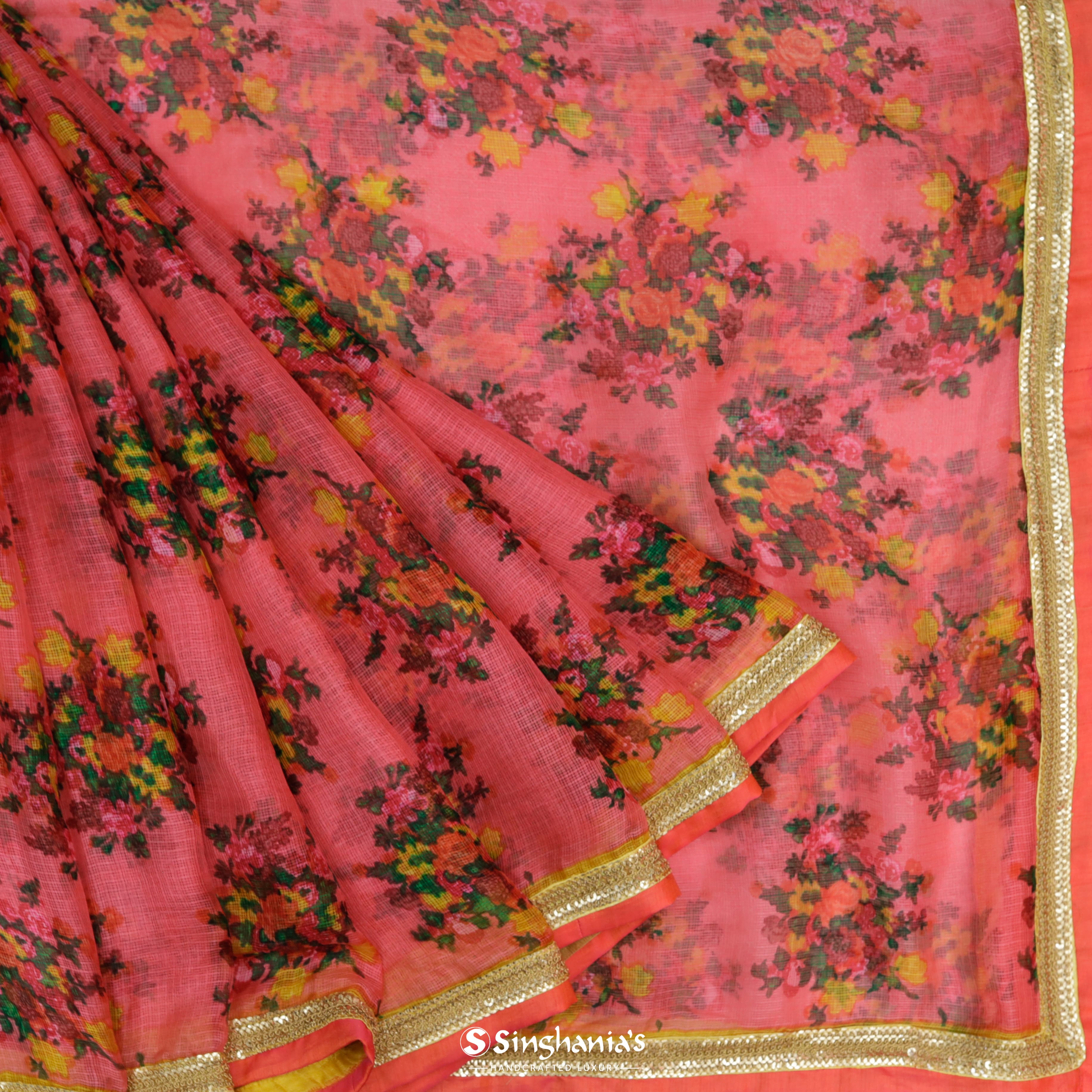 Deep Bubblegum Pink Kota Printed Silk Saree With Floral Jaal Pattern