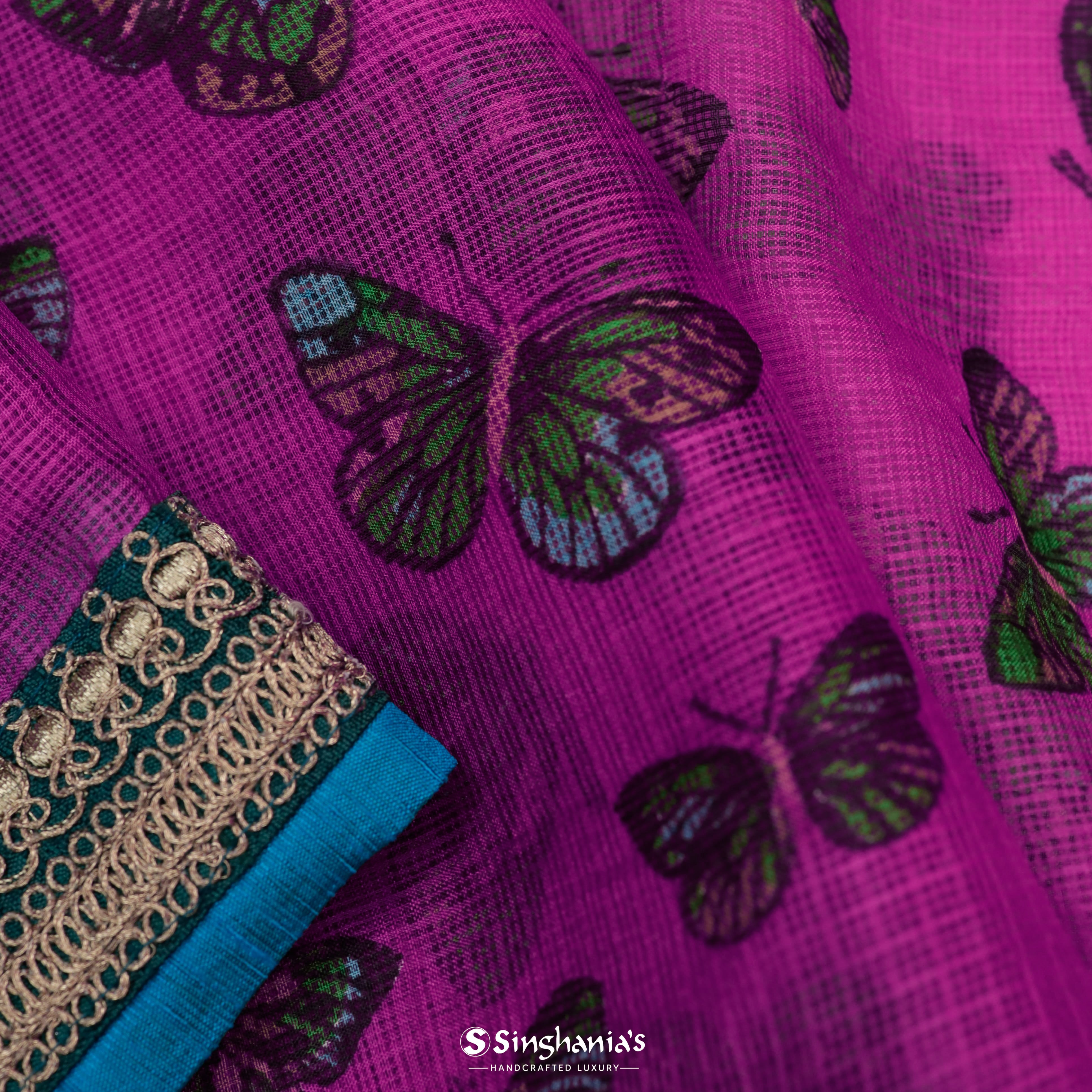 Fuschia Pink Kota Printed Saree With Nature Inspired Printed Motif Pattern