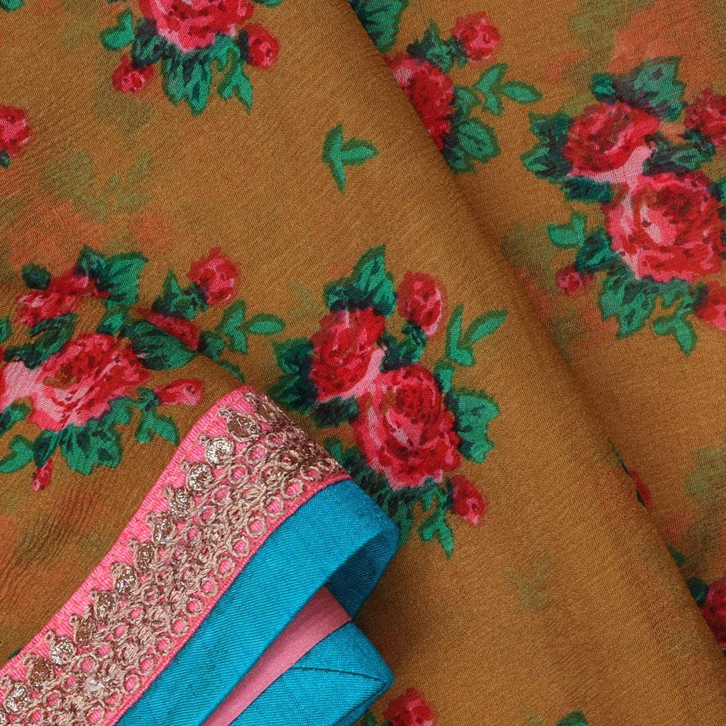 Pale Orange Printed Chiffon Saree With Embroidery - Singhania's