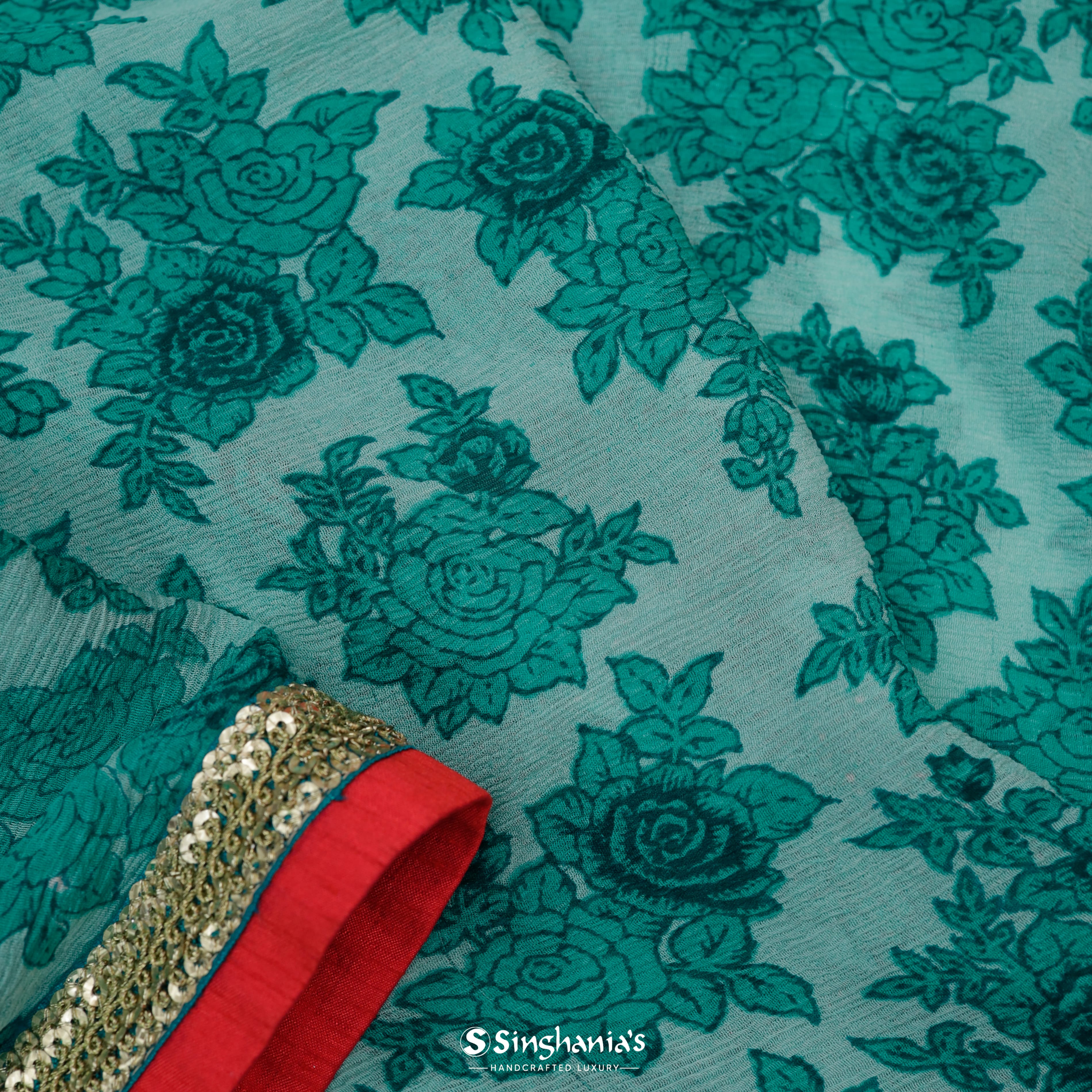 Turquoise Green Chiffon Embroidery Saree With Floral Motif Pattern