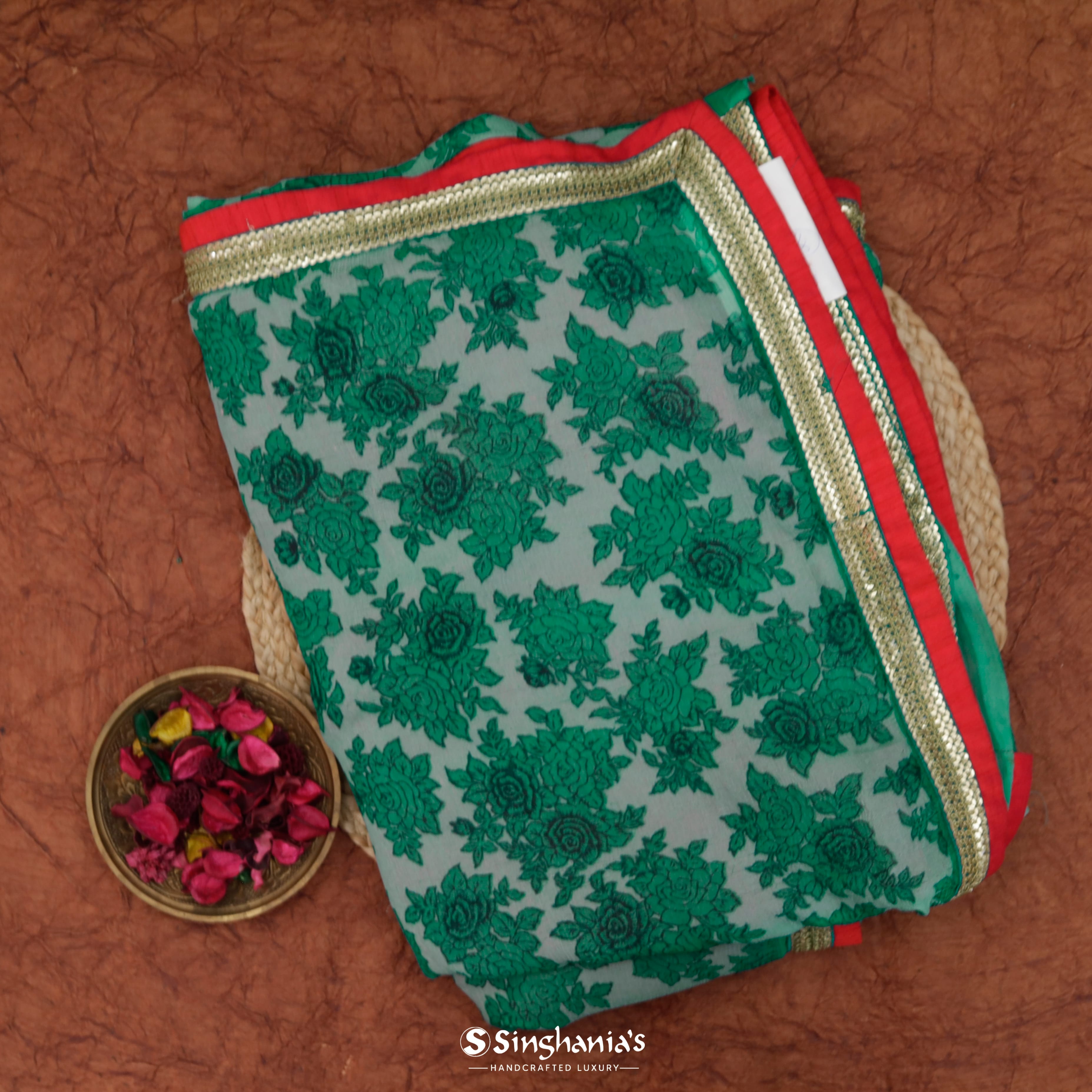 Turquoise Green Chiffon Embroidery Saree With Floral Motif Pattern