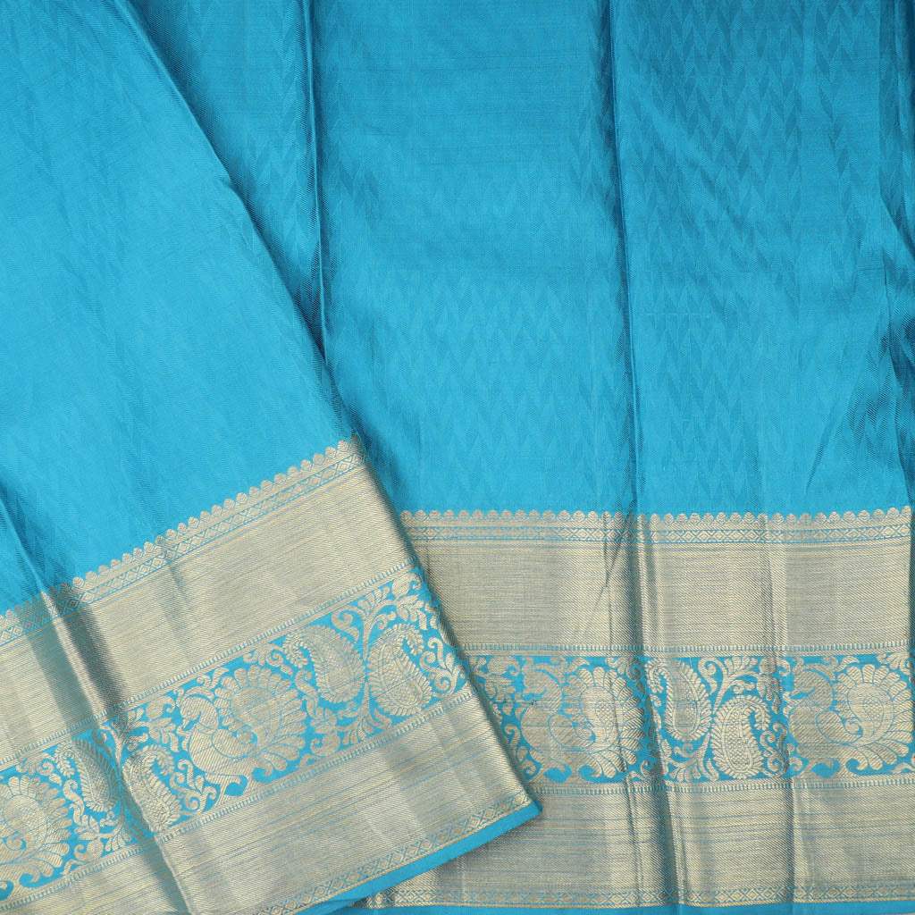 Deep Sky Blue Kanjivaram Silk Handloom Saree With Floral Motifs - Singhania's
