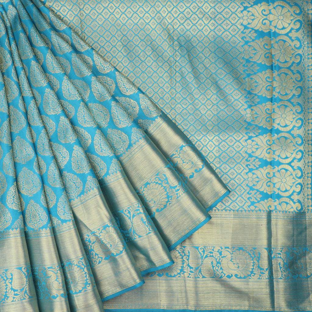Deep Sky Blue Kanjivaram Silk Handloom Saree With Floral Motifs - Singhania's