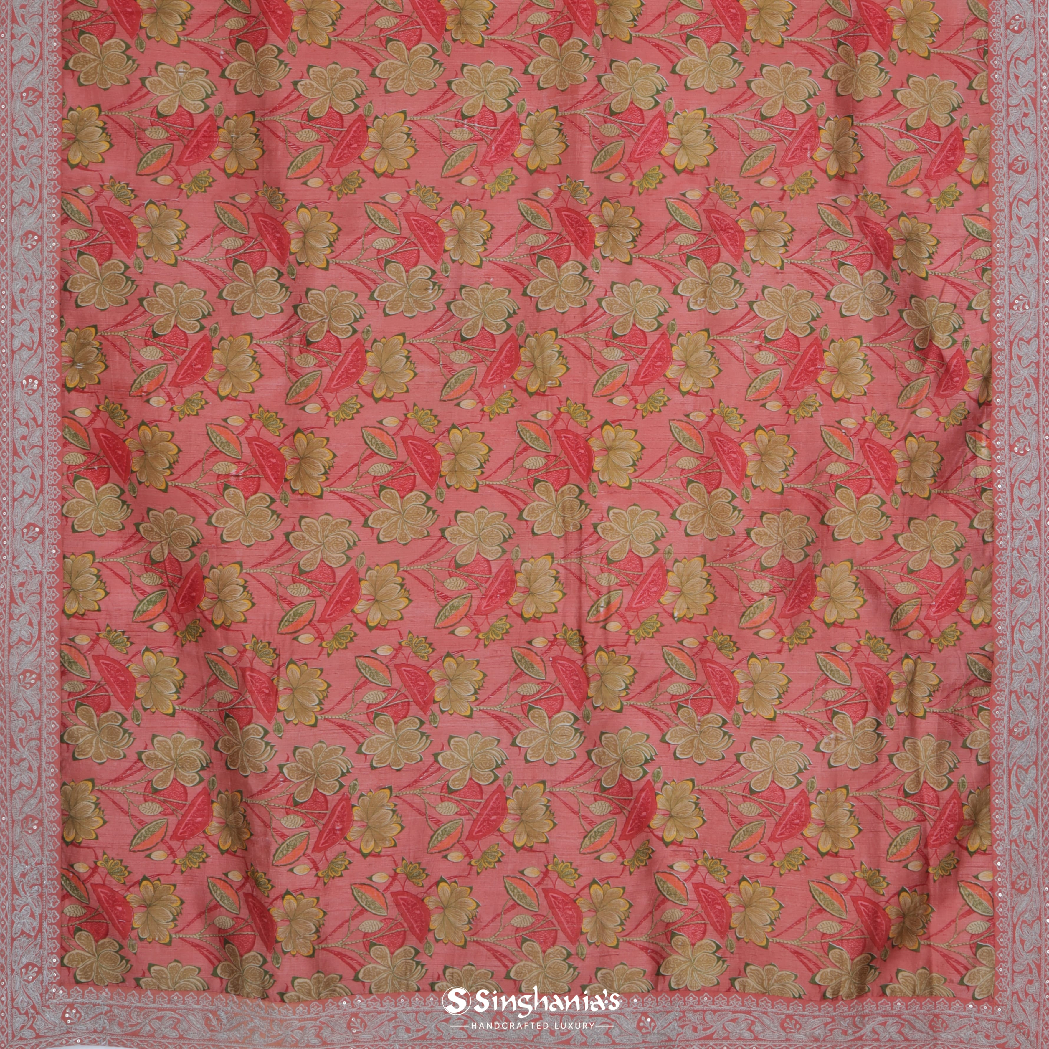 Deep Blush Dupion Printed Saree With Floral Jaal Pattern