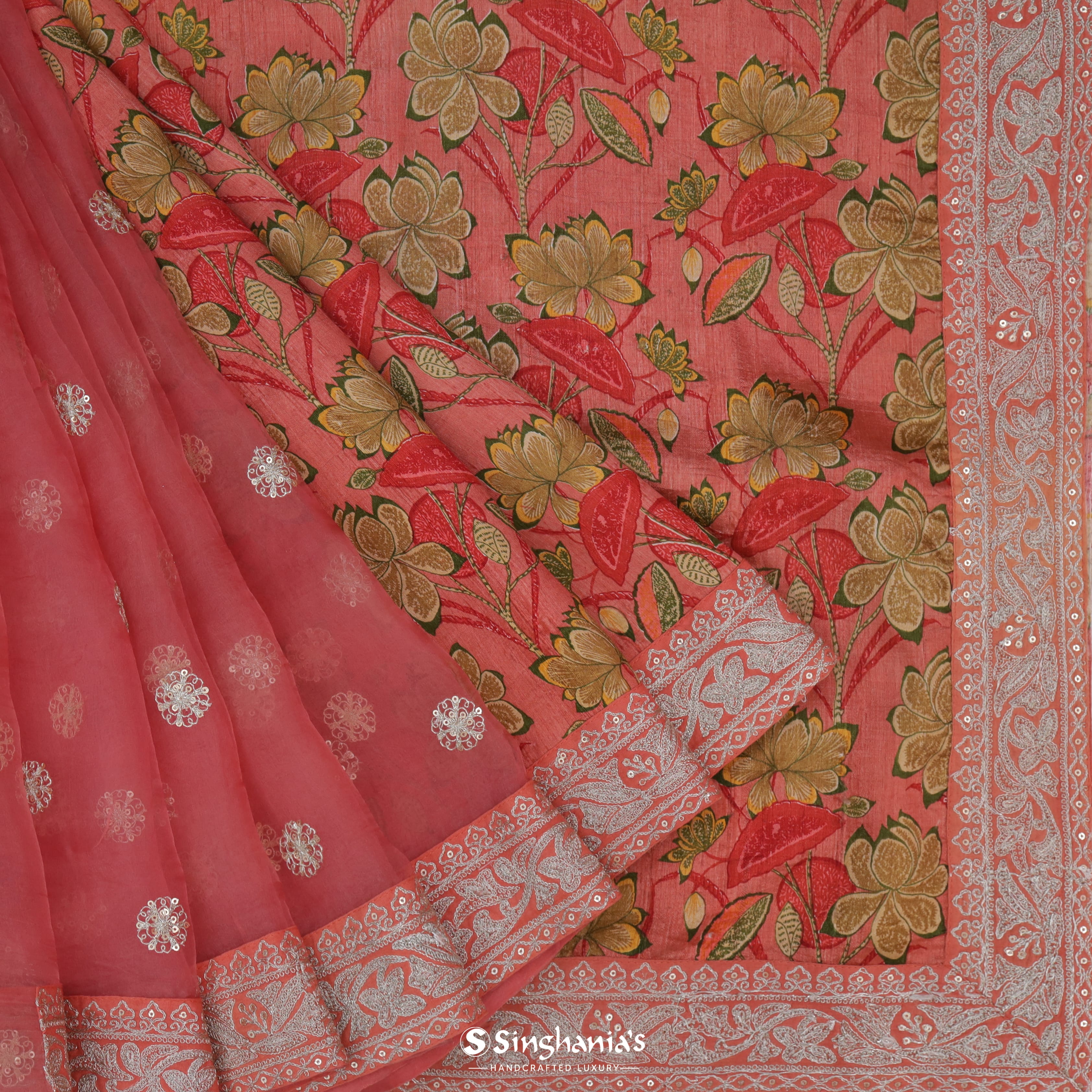 Deep Blush Dupion Printed Saree With Floral Jaal Pattern