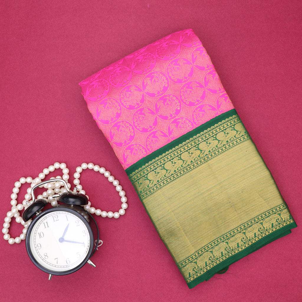 Pink Korvai Kanjivaram Silk Handloom Saree With Kuttu Border - Singhania's