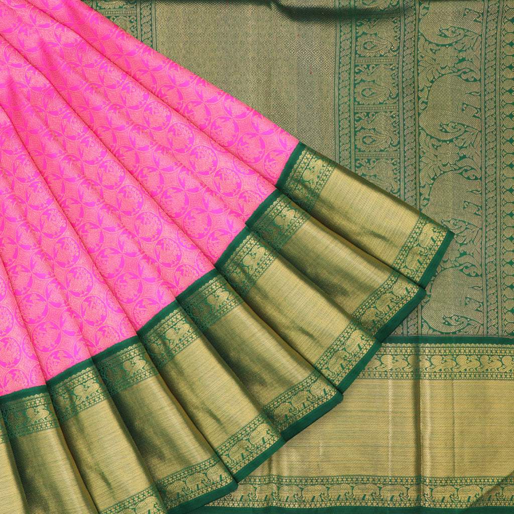 Pink Korvai Kanjivaram Silk Handloom Saree With Kuttu Border - Singhania's