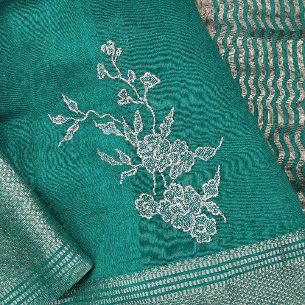 Teal Green Embroidered Linen Saree - Singhania's