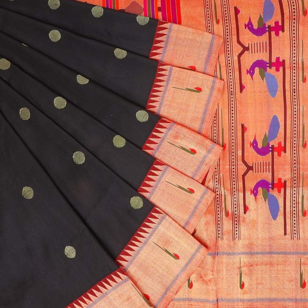 Black Paithani Silk Handloom Saree With Polka Dots - Singhania's