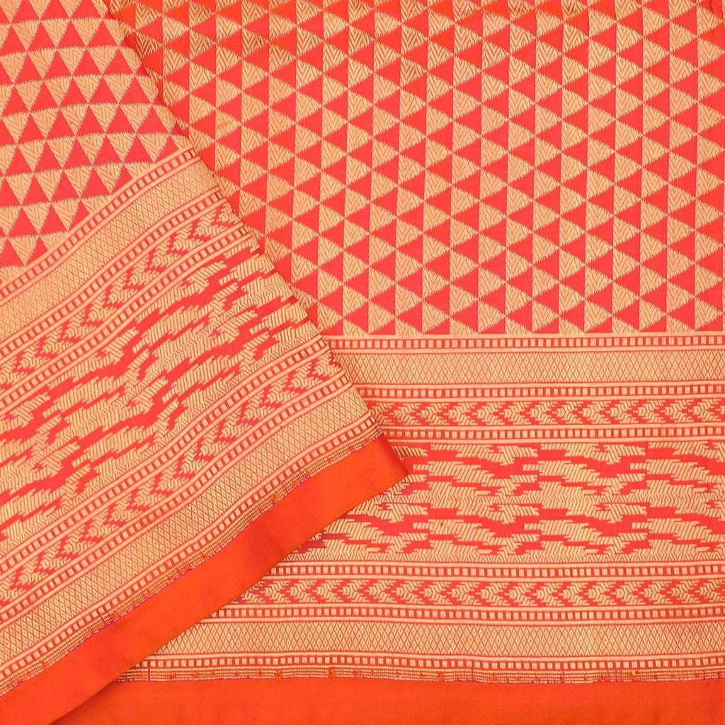 Dual Toned Pink And Orange Banarasi Silk Handloom Saree With Stripes - Singhania's