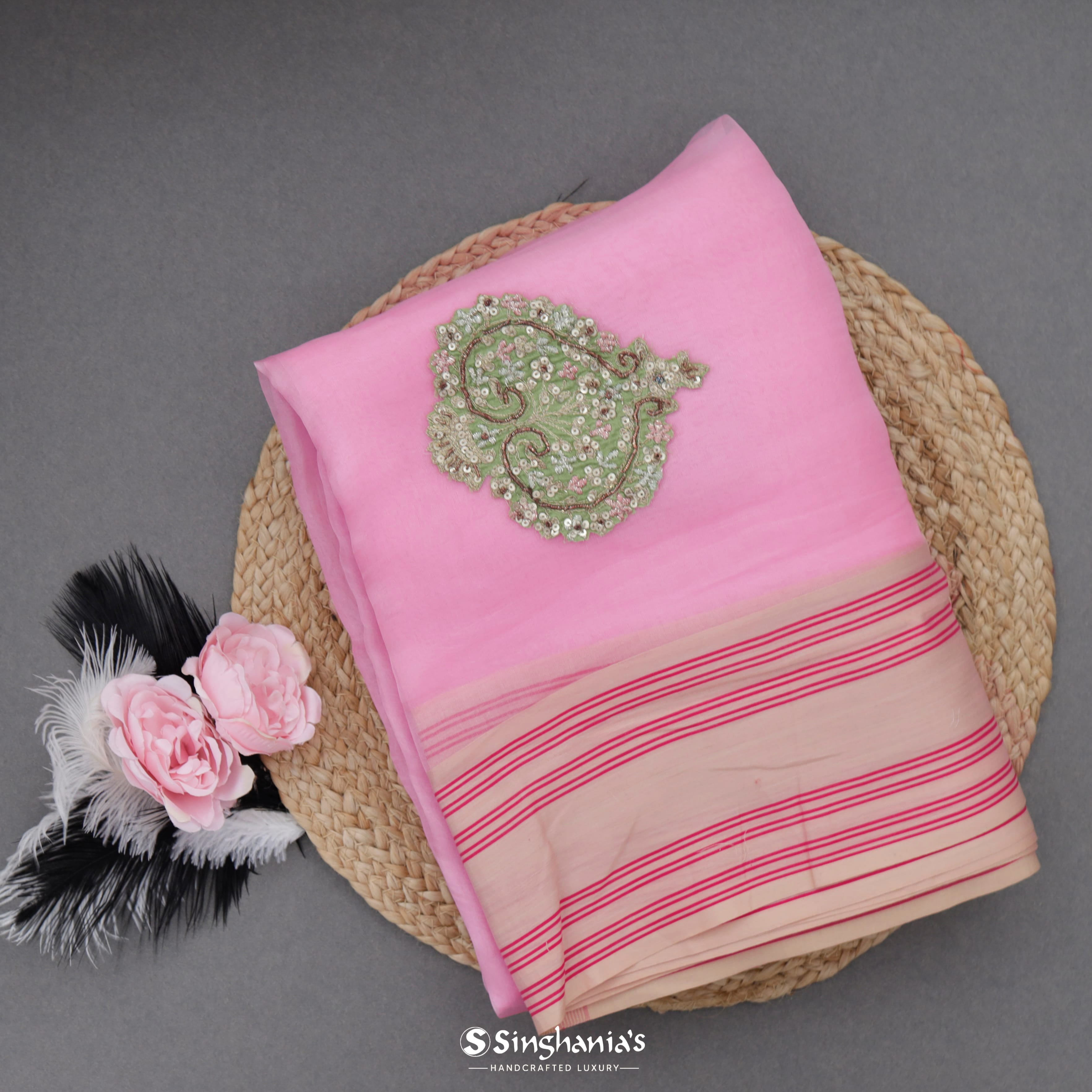 Pastel Pink Organza Embroidery Saree Nature Inspired Motif Pattern