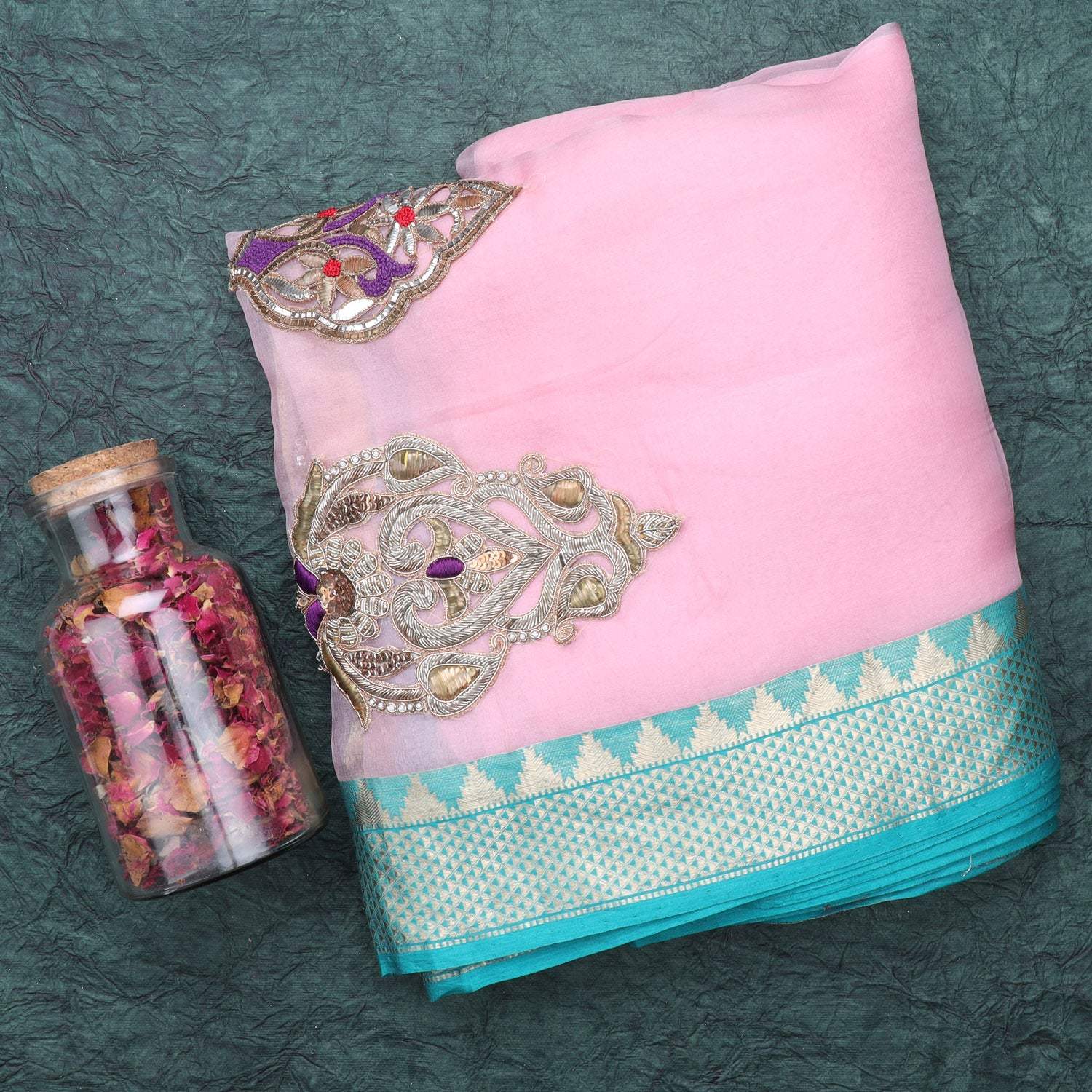 Baby Pink Organza Embroidery Saree - Singhania's
