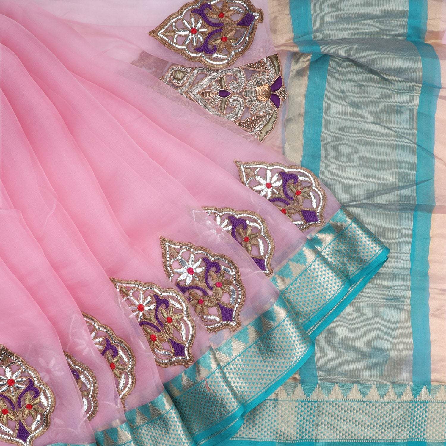 Baby Pink Organza Embroidery Saree - Singhania's