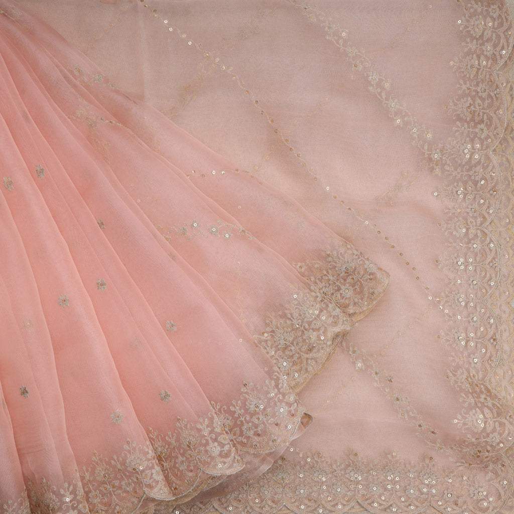 Baby Pink Floral Embroidered Organza Designer Saree - Singhania's