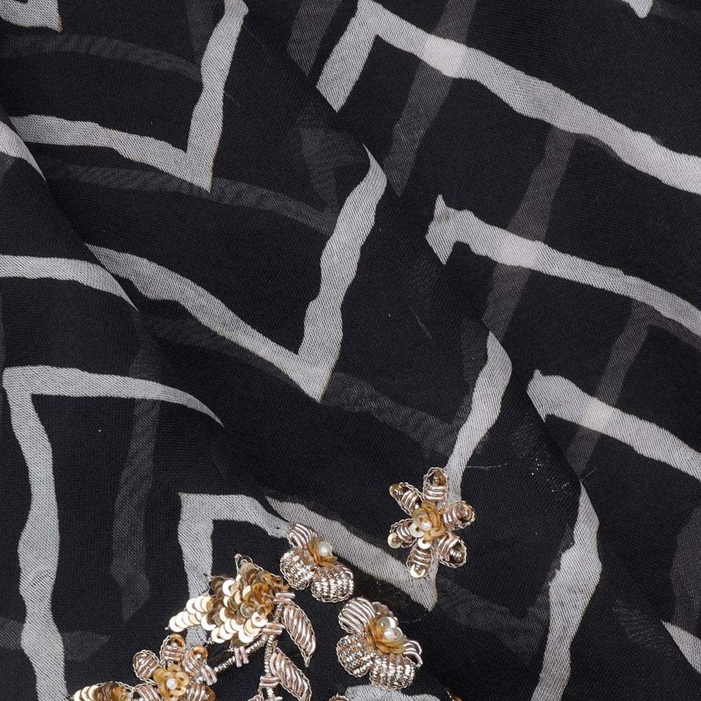 Black Leheriya Printed Organza Saree With Floral Embroidery - Singhania's