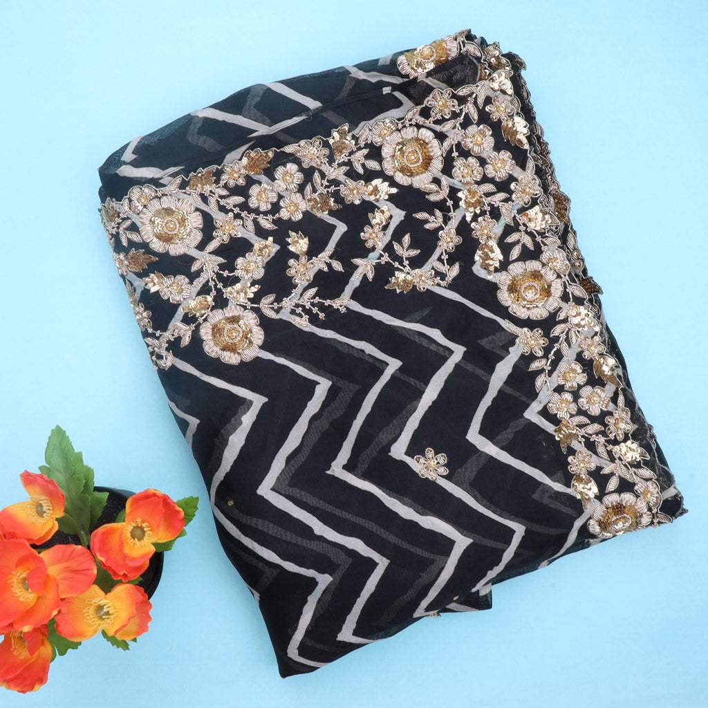 Black Leheriya Printed Organza Saree With Floral Embroidery - Singhania's