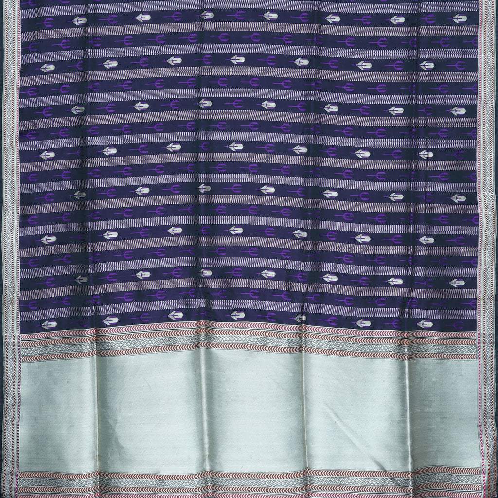 Black Banarasi Silk Handloom Saree With Stripes And Floral Motifs - Singhania's