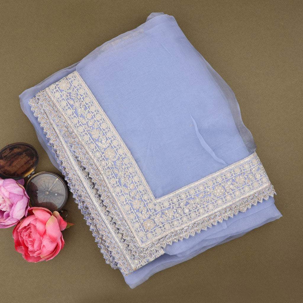 Ice Blue Organza Embroidery Saree - Singhania's