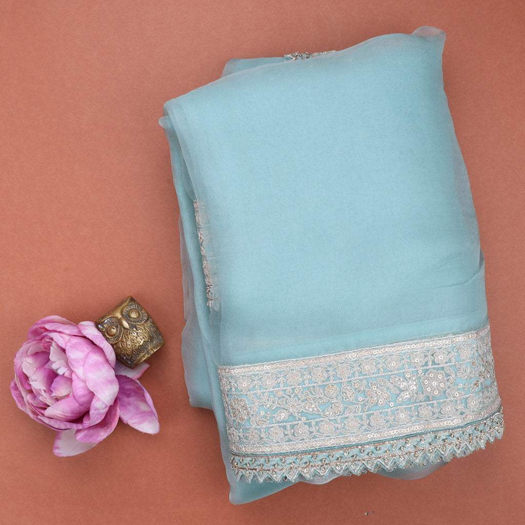 Light Blue Embroidery Organza Saree - Singhania's