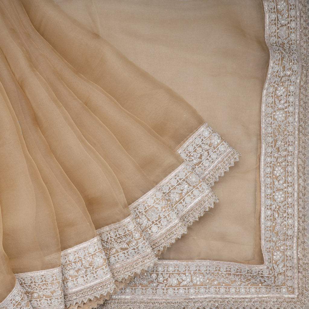 Light Beige Embroidery Organza Saree - Singhania's