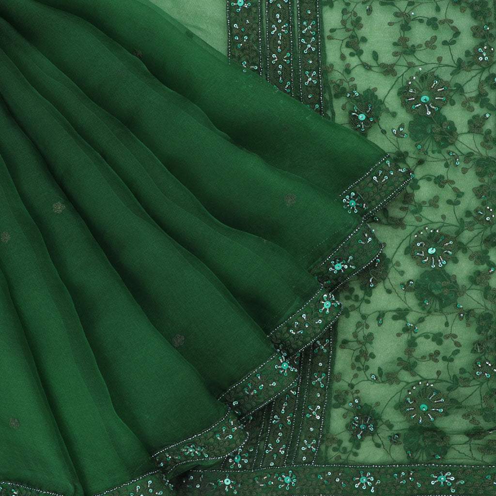 Emerald Green Organza Designer Embroidery Saree - Singhania's
