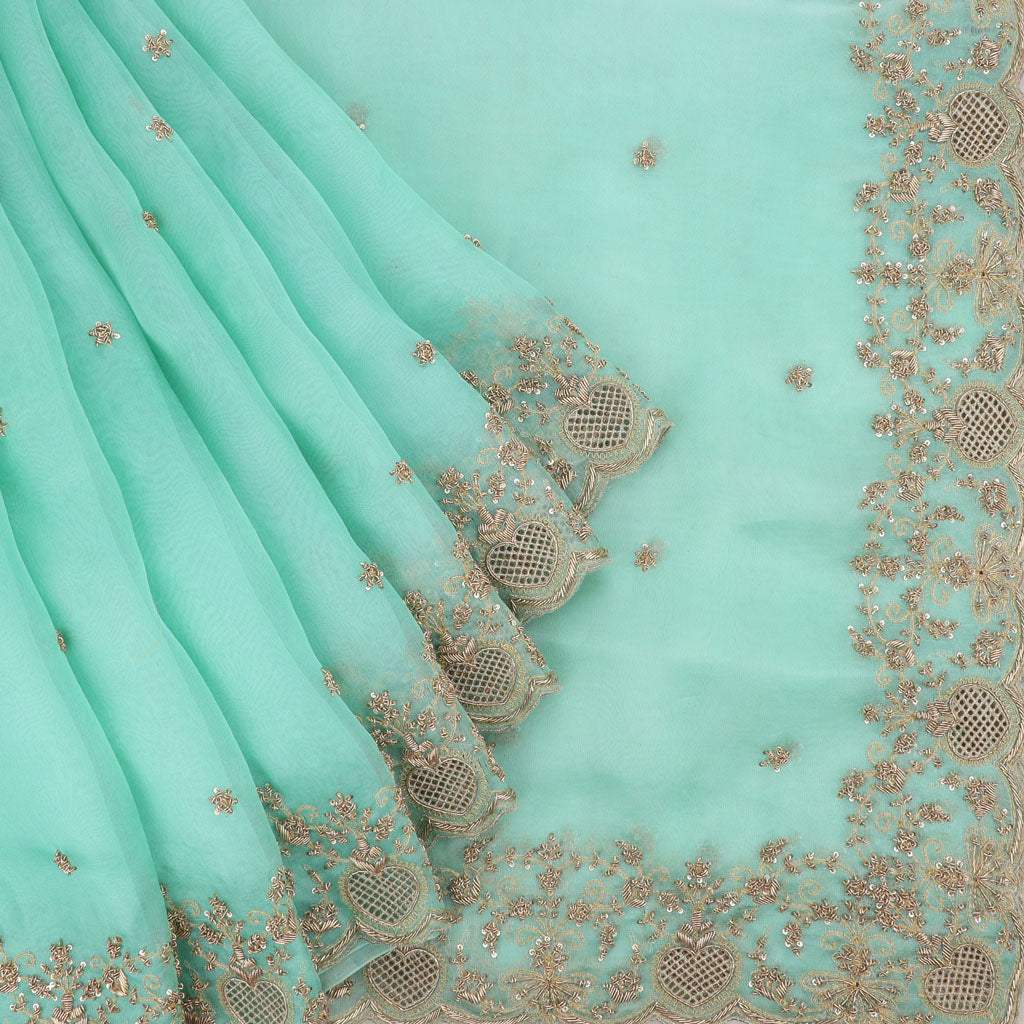 Aquamarine Green Organza Designer Embroidery Saree - Singhania's