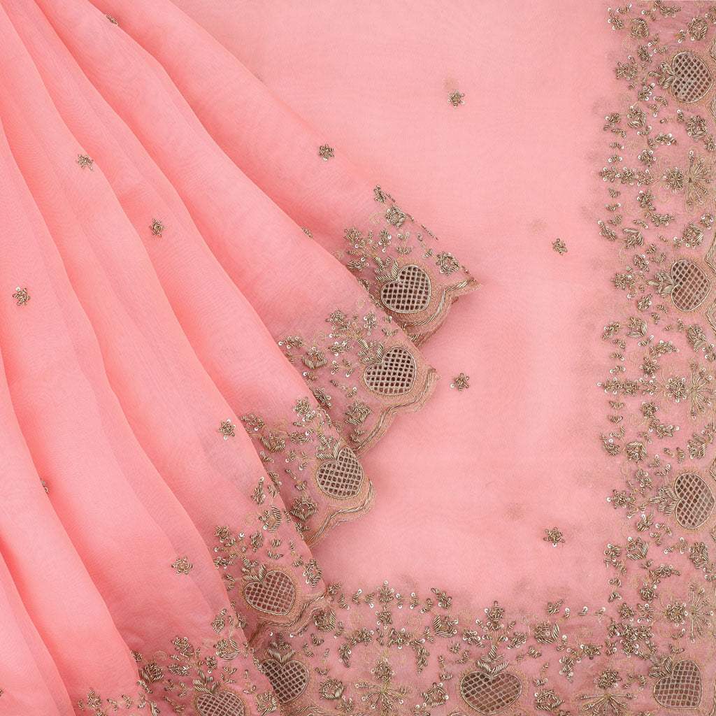 Flamingo Pink Organza Designer Embroidery Saree - Singhania's