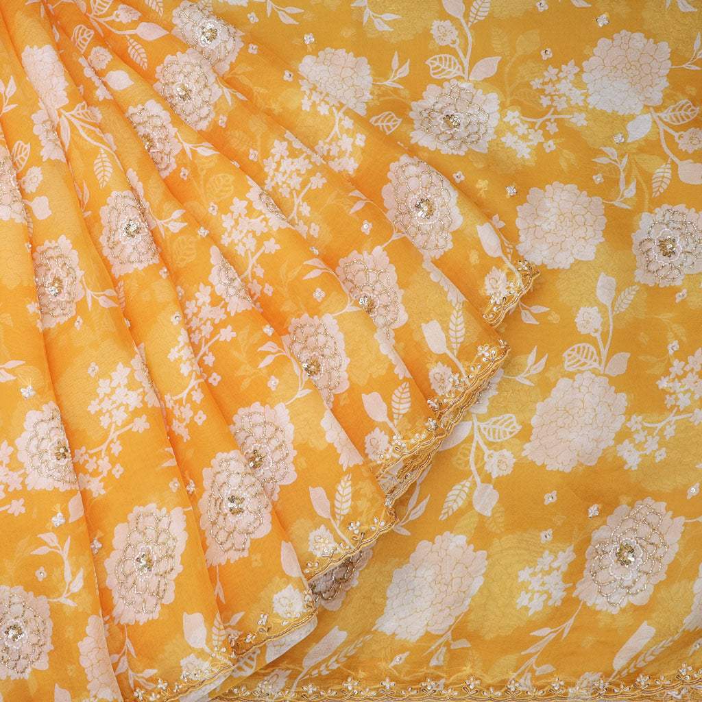 Bright Yellow Organza Printed Silk Saree With Floral Pattern - Singhania's