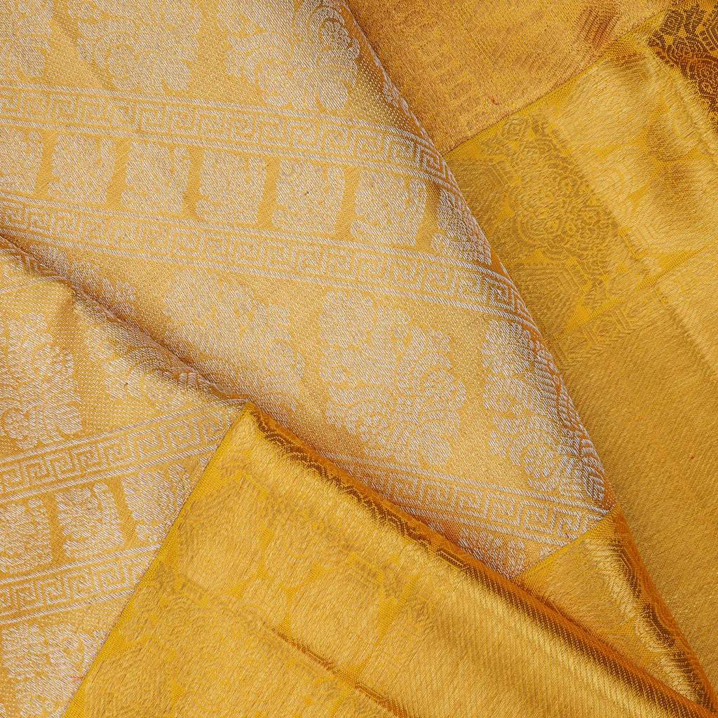 Canary Yellow Kanjivaram Silk Handloom Saree With Jaal Design - Singhania's