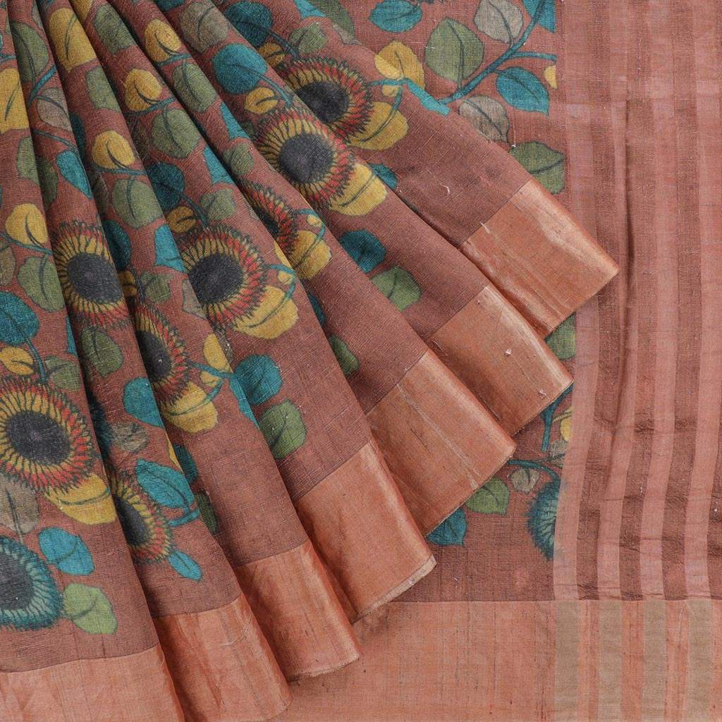 Brown Kalamkari Printed Raw Silk Saree - Singhania's