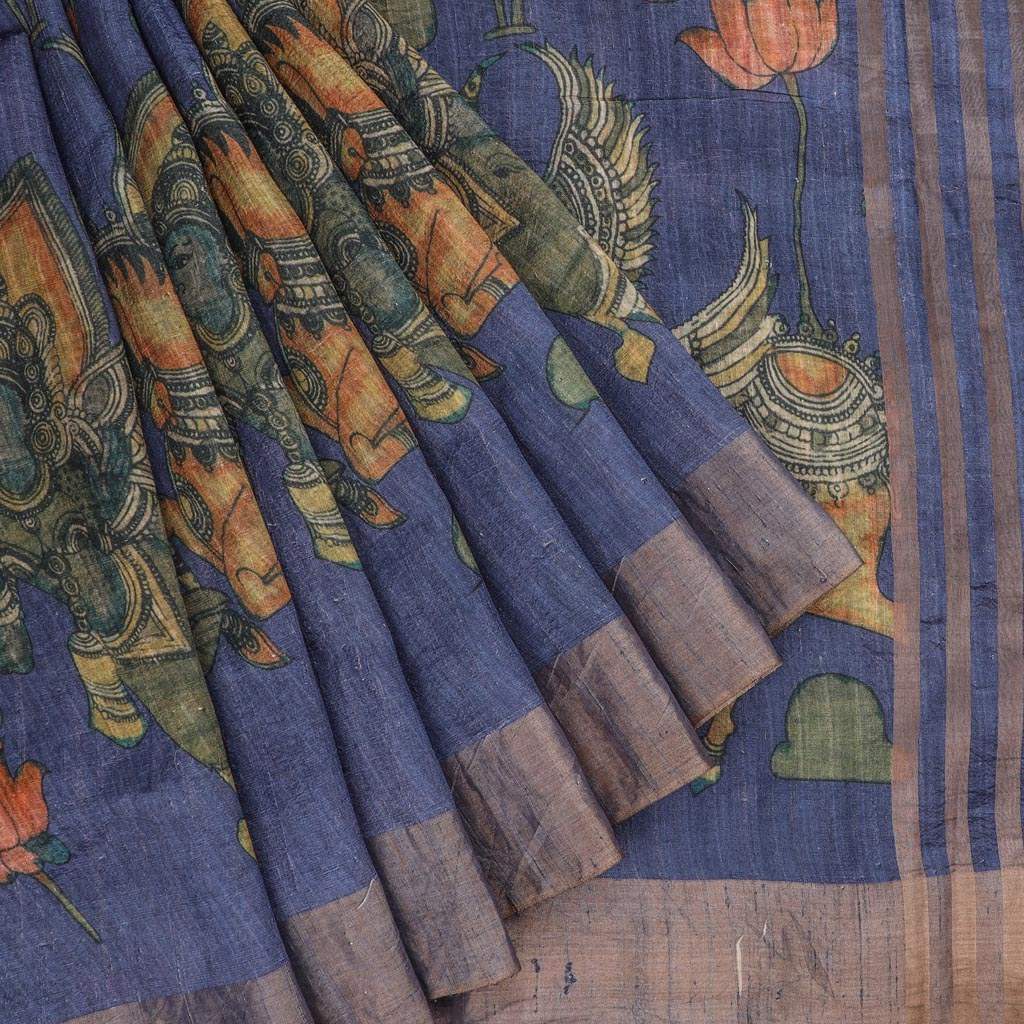 Rock Blue Kalamkari Printed Raw Silk Saree - Singhania's