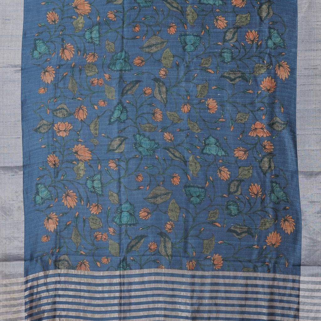 Teal Kalamkari Printed Raw Silk Saree - Singhania's