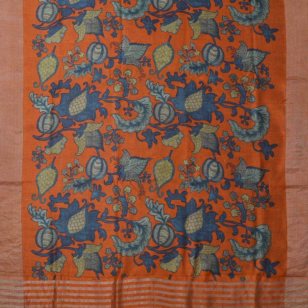 Fiery Orange Kalamkari Printed Raw Silk Saree - Singhania's