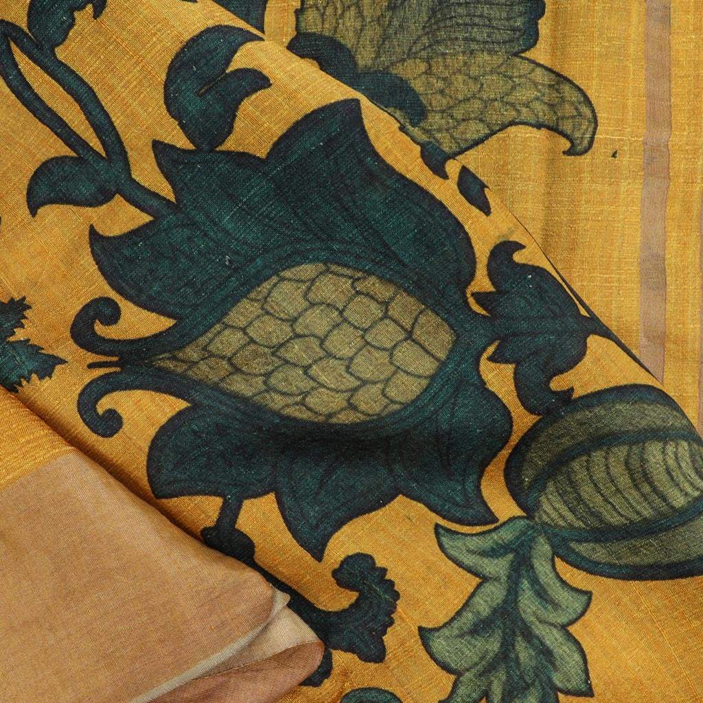 Vivid Yellow Kalamkari Printed Raw Silk Saree - Singhania's