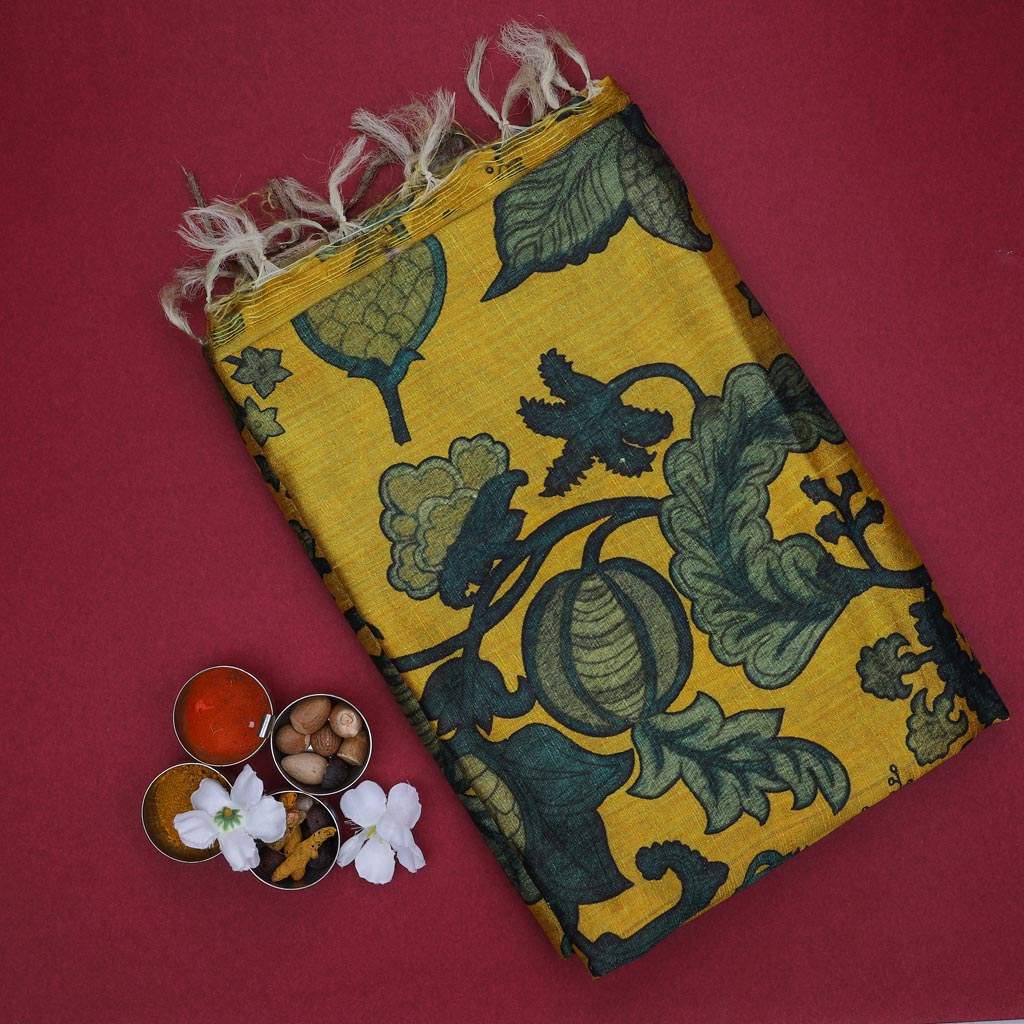Vivid Yellow Kalamkari Printed Raw Silk Saree - Singhania's