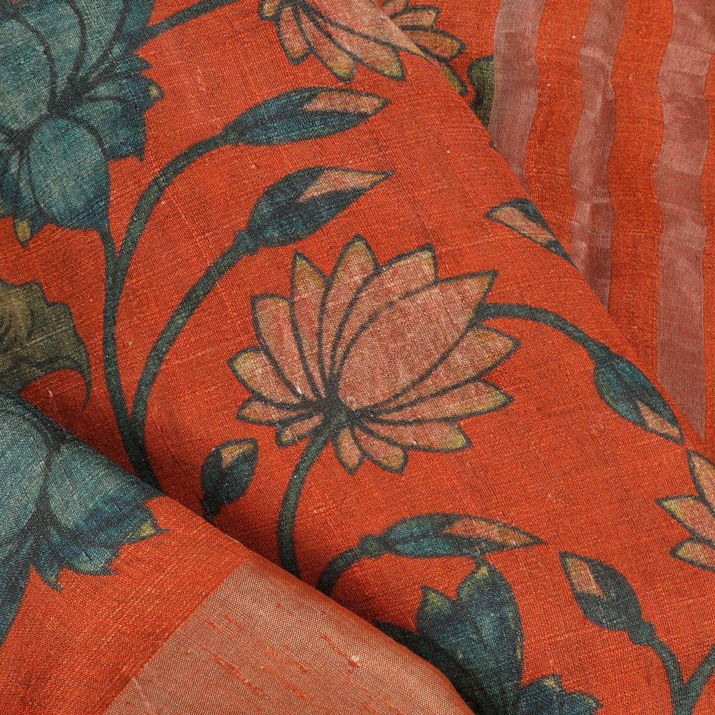 Dusky Orange Kalamkari Printed Raw Silk Saree - Singhania's