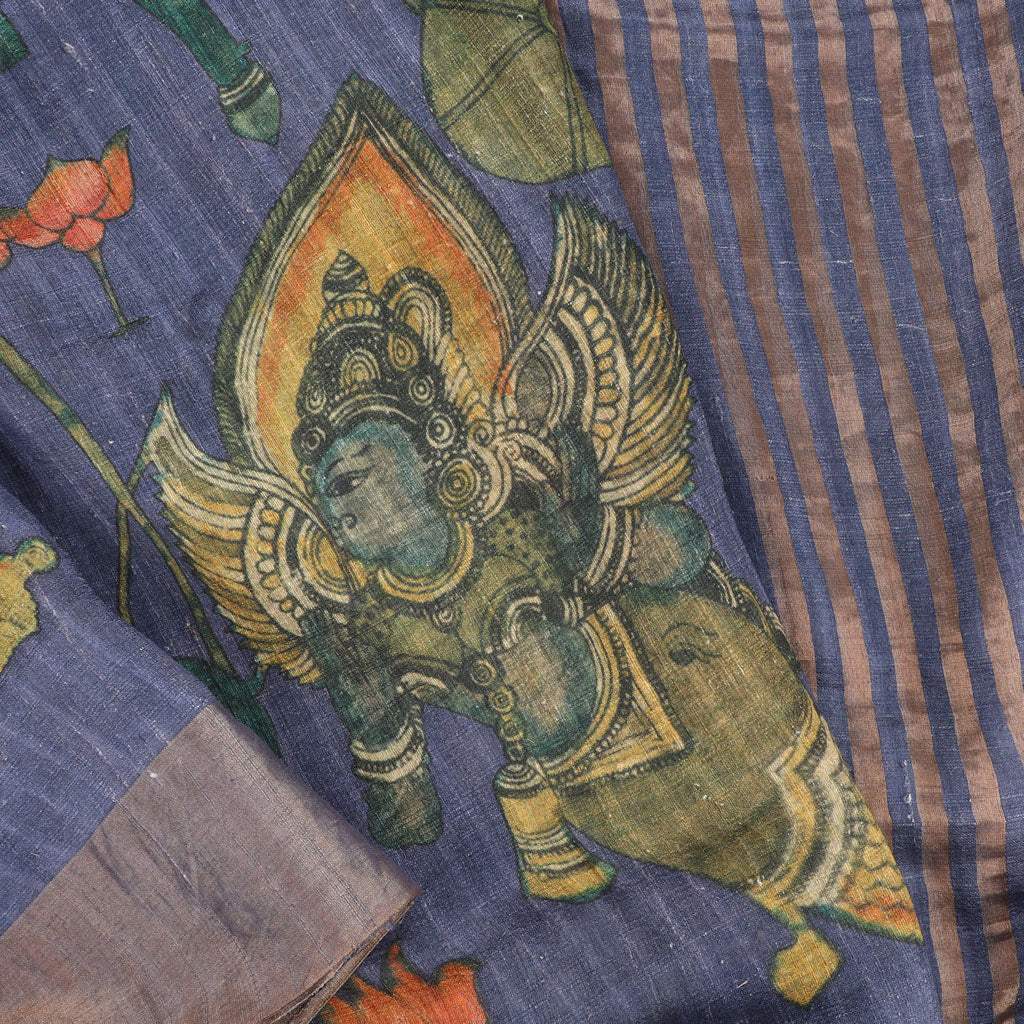 Rock Blue Kalamkari Printed Raw Silk Saree - Singhania's