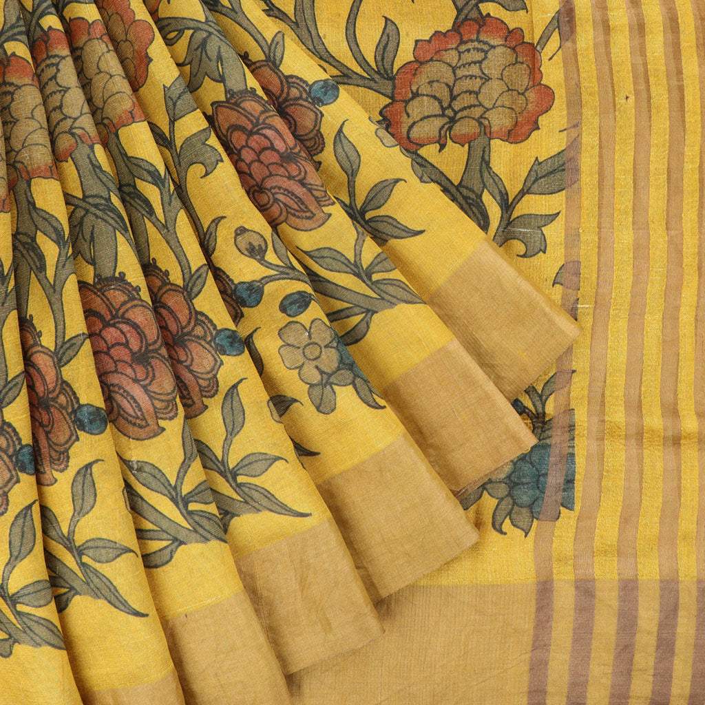 Canary Yellow Kalamkari Printed Raw Silk Saree - Singhania's