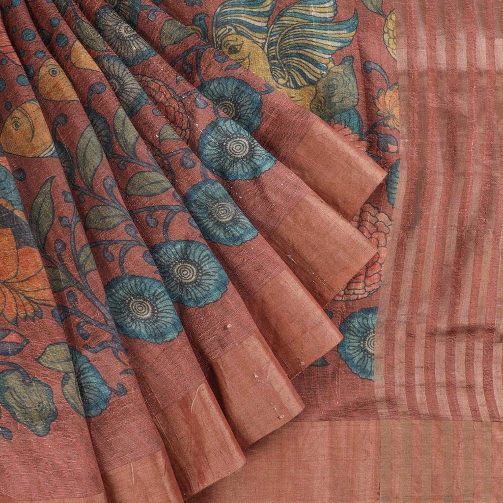 Brown Kalamkari Printed Raw Silk Saree - Singhania's