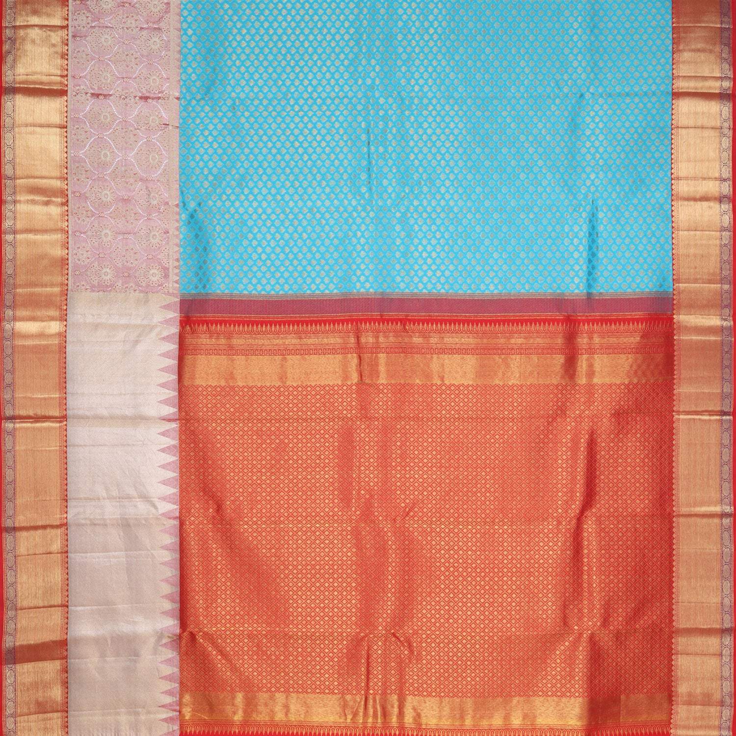 Cyan Blue Kanjivaram Silk Saree With Leaf Buttis - Singhania's