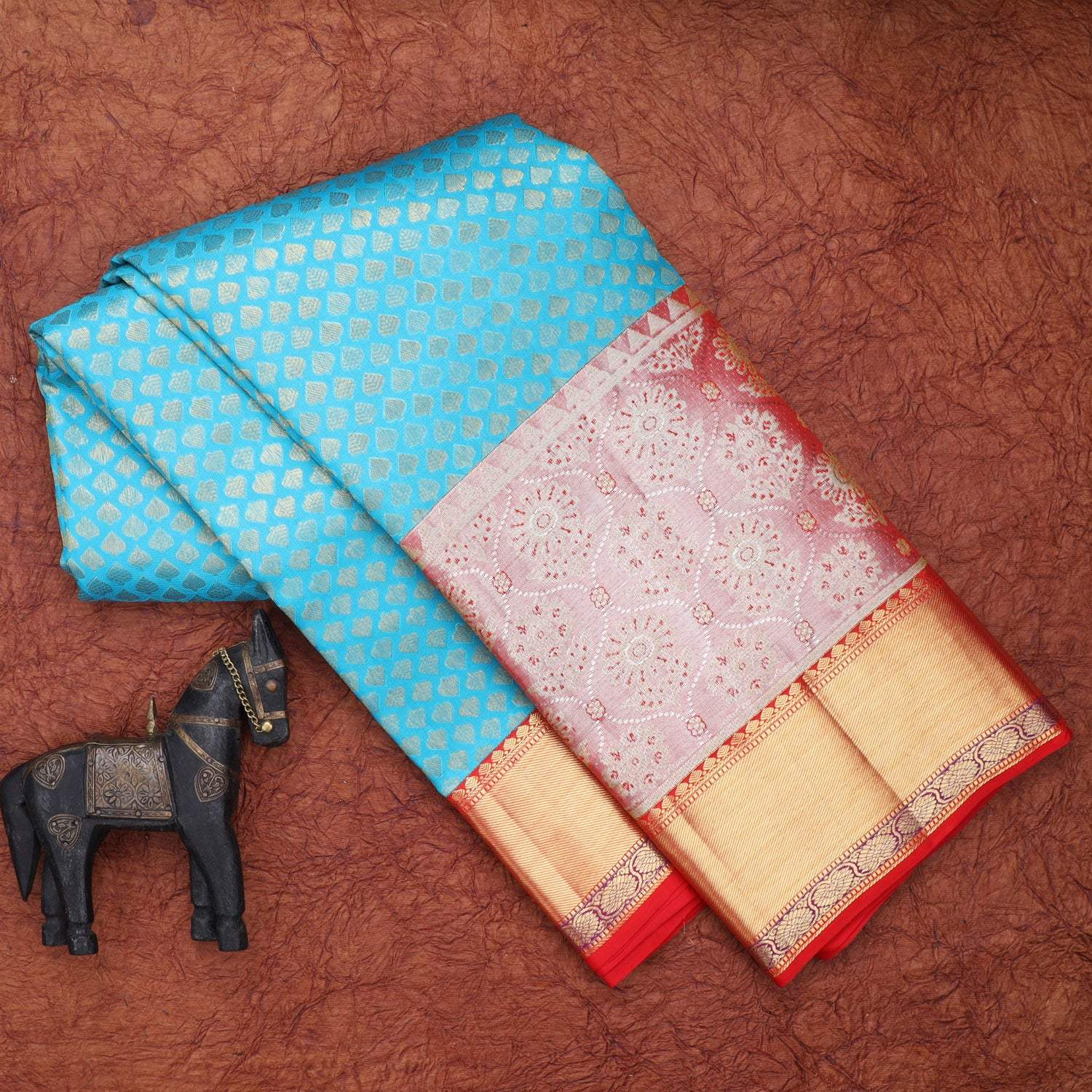 Cyan Blue Kanjivaram Silk Saree With Leaf Buttis - Singhania's