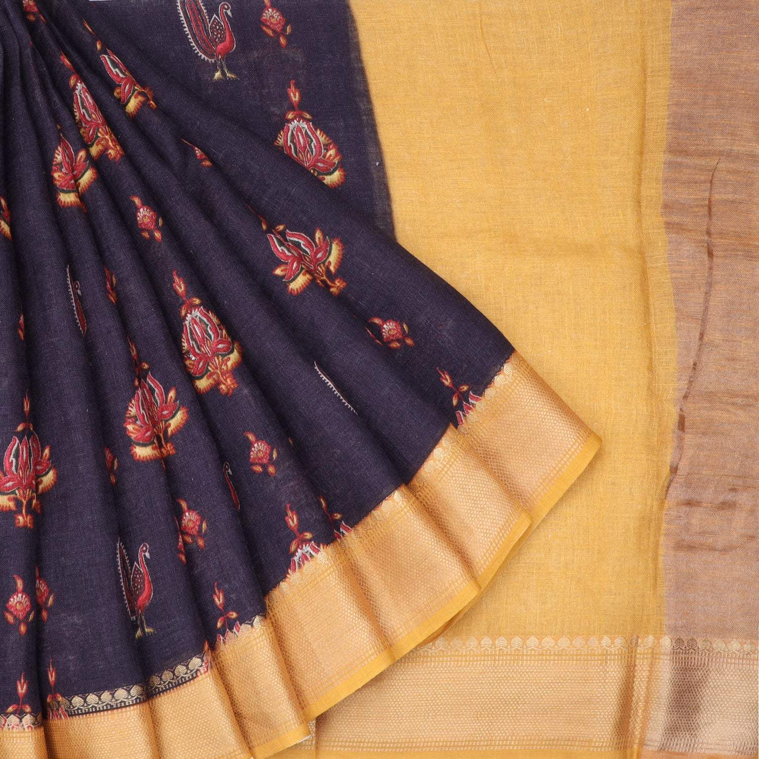 Dark Denim Blue Linen Printed Saree - Singhania's