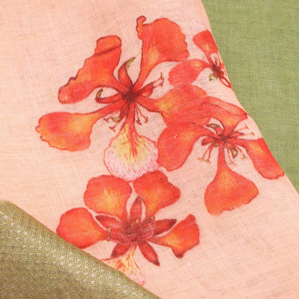 Peach Floral Printed Linen Saree - Singhania's