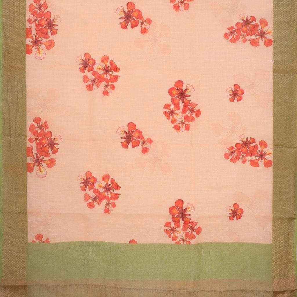 Peach Floral Printed Linen Saree - Singhania's