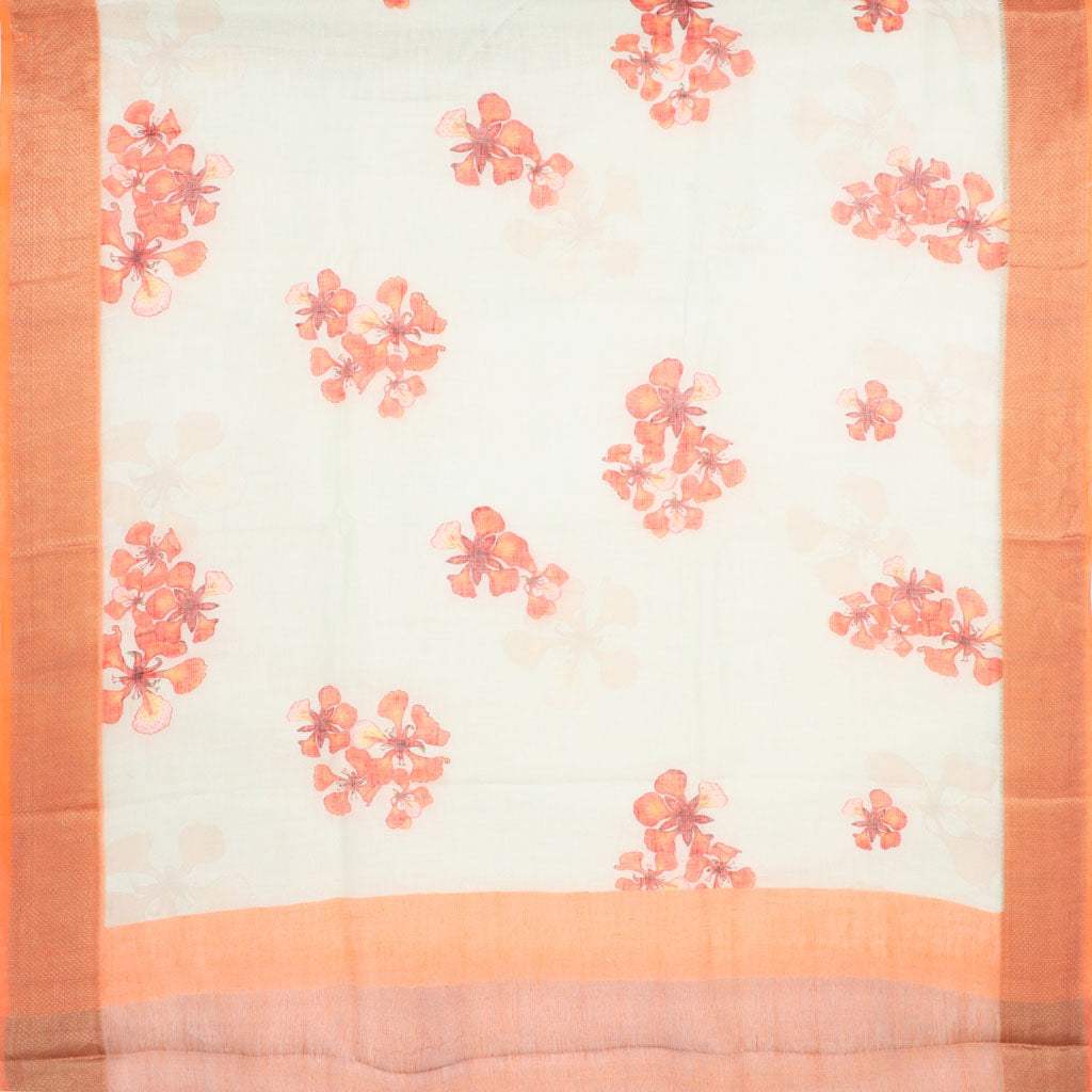 Pale Green Floral Printed Linen Saree - Singhania's