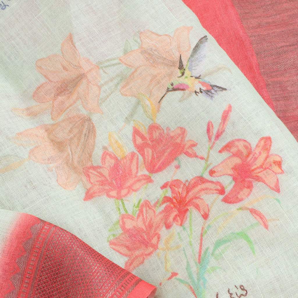 Sea Green Floral Printed Linen Saree - Singhania's