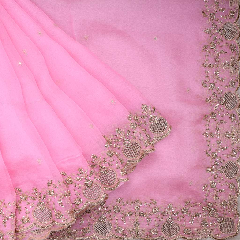 Flamingo Pink Organza Saree With Zardosi Embroidery - Singhania's