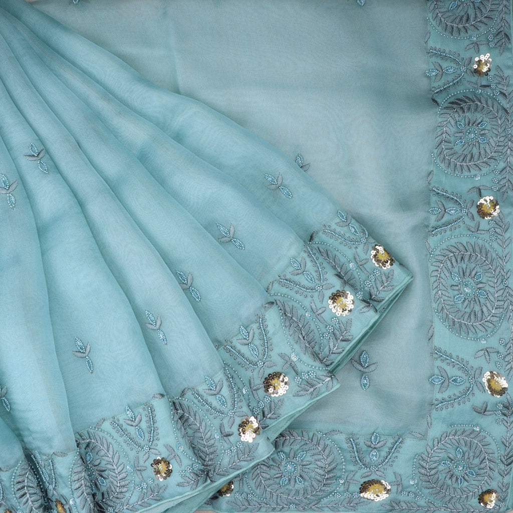 Slate Blue Embroidered Organza Saree - Singhania's