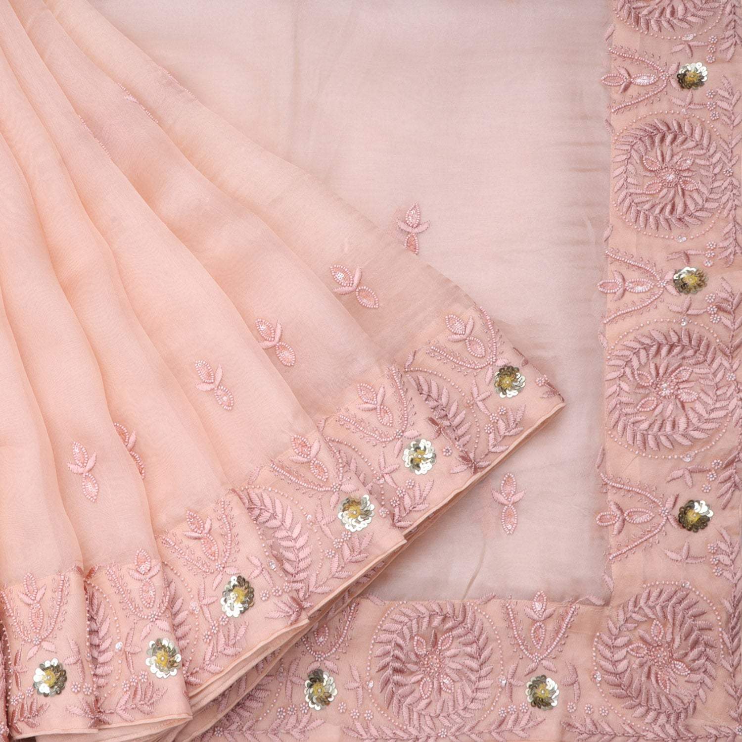 Light Peach Organza Saree With Embroidery - Singhania's