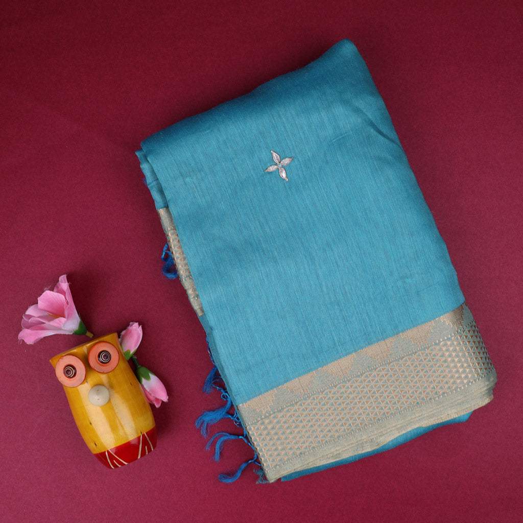 Sky Blue Hand Embroidered Moonga Saree With Gota Patti - Singhania's